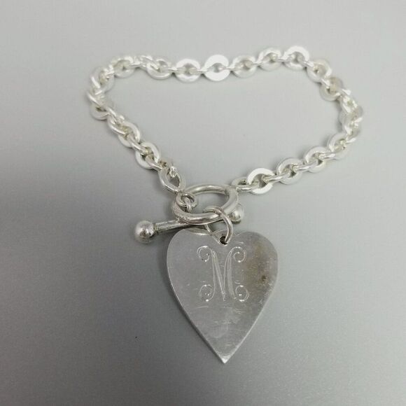 Vintage Basch Sterling Silver M Monogram Heart Charm Bracelet, Initial Letter - Picture 9 of 9